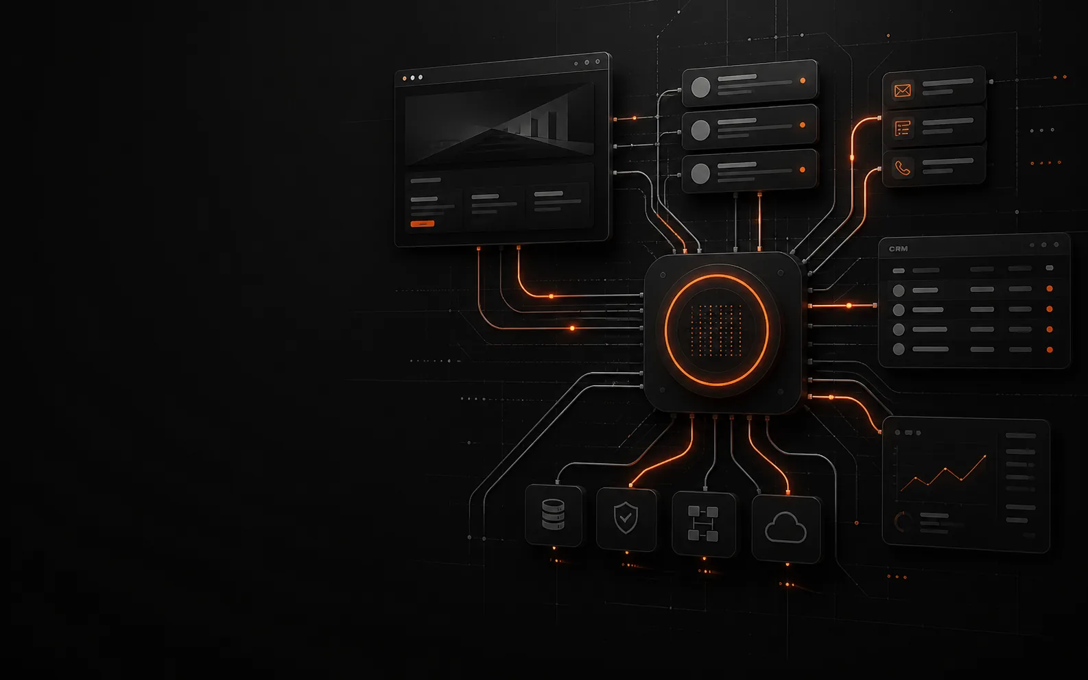 Connected website, enquiries, CRM, and backend system diagram