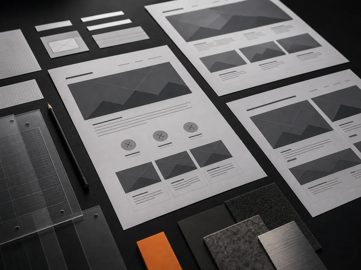 Website wireframes and landing page planning on a desk